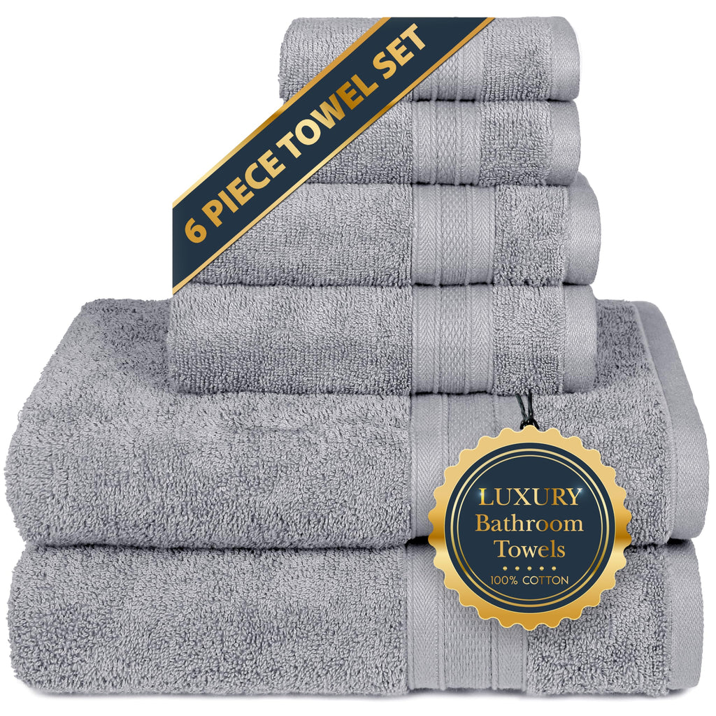 TRIDENT Soft & Plush Luxury Towel Set 100% Cotton 2 Bath Towels 2 Hand Towels 2 Washcloths Highly Absorbent Towels for Bathroom 6 Pieces Silverish Grey Towel Sets