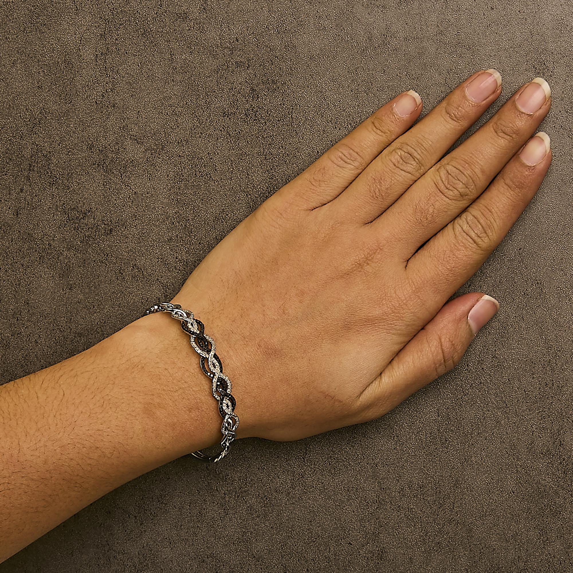 .925 Sterling Silver 3/8 Cttw White and Black Diamond Swirl Bangle Bracelet (Black Color, I3 Clarity) - 7.75" Inches
