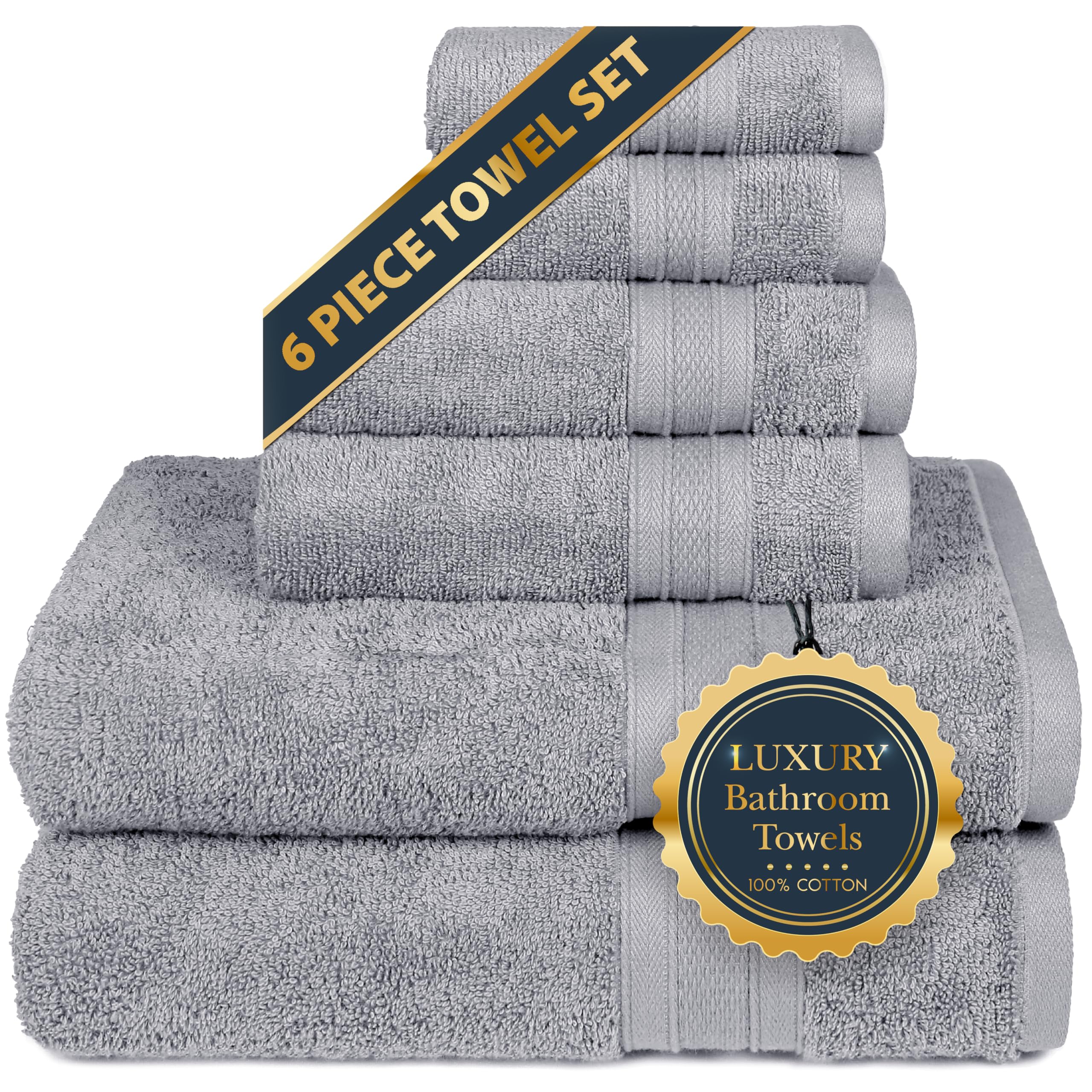 TRIDENT Soft & Plush Luxury Towel Set 100% Cotton 2 Bath Towels 2 Hand Towels 2 Washcloths Highly Absorbent Towels for Bathroom 6 Pieces Silverish Grey Towel Sets