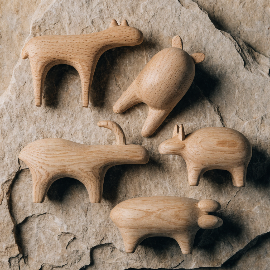 Hand-Carved Animal Figurines — Oak