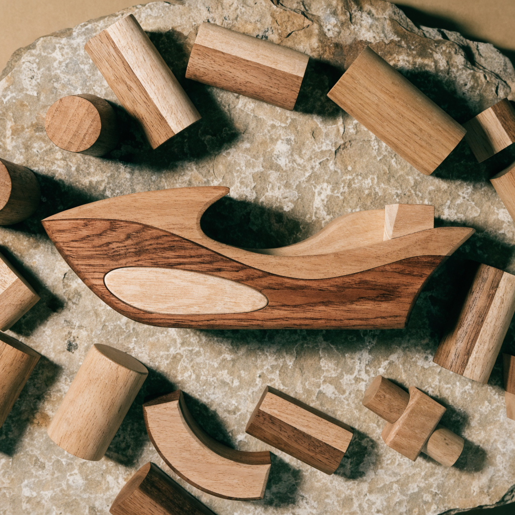 Sculptural Wooden Boat & Blocks