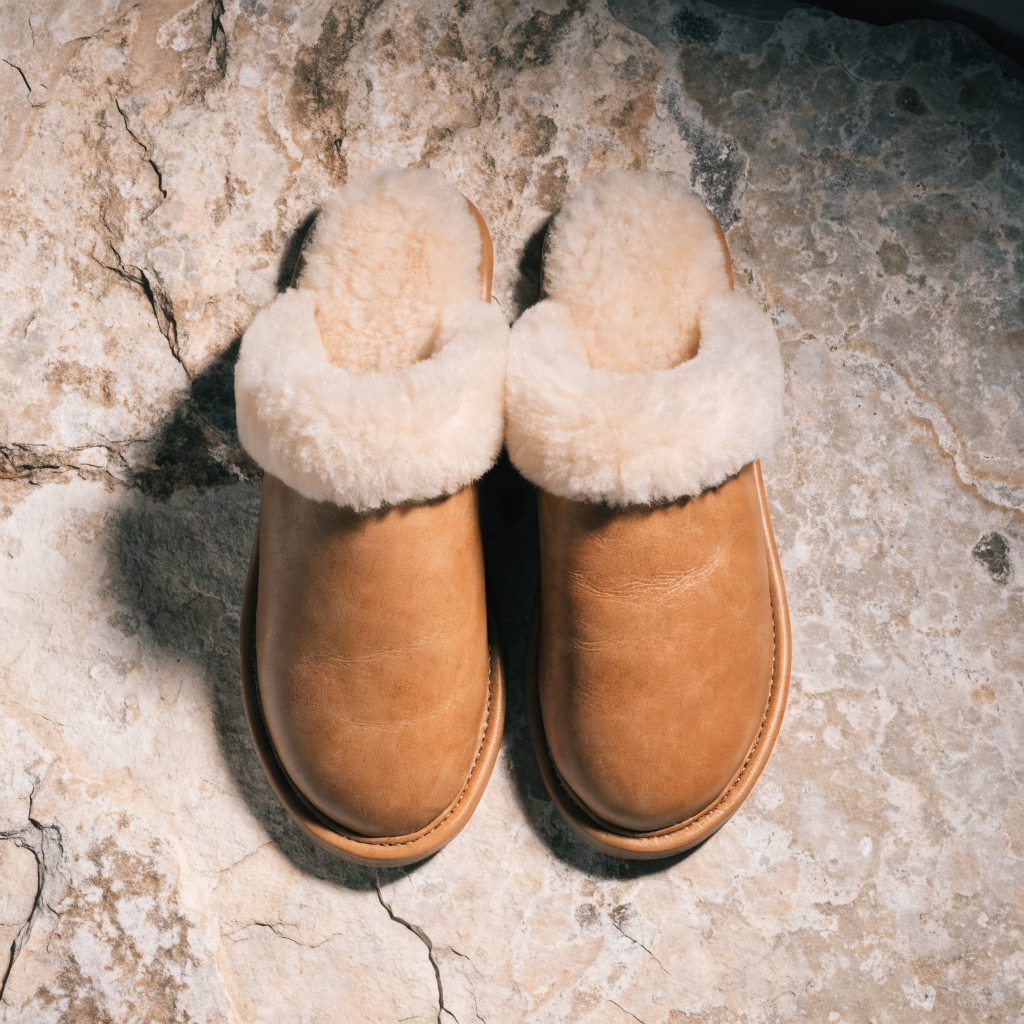 Shearling-Lined Leather Slippers — Tan