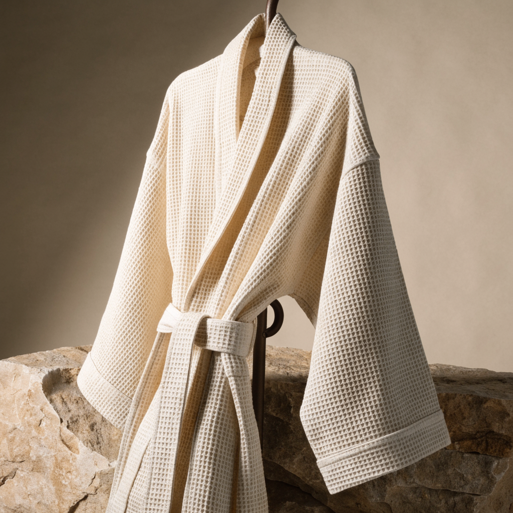 NUDA Organic Cotton Waffle Robe in soft ivory on natural stone