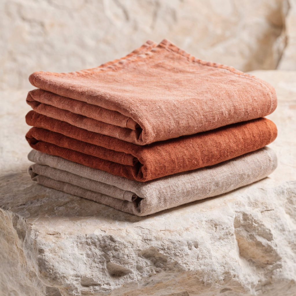 NUDA Stone-Washed Linen Hand Towel Trio in terracotta and clay tones on natural stone